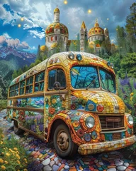 Foto op Canvas Vintage magic school bus, educational adventures, historical landmarks, mystical creatures  © AlexCaelus