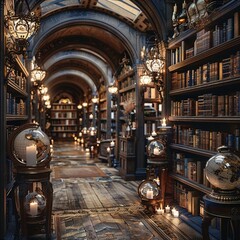 Vintage fantasy library, ancient tomes, magic globes, candlelit aisles