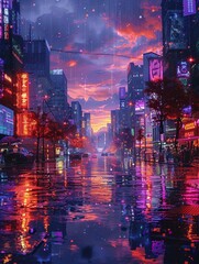 Fototapeta premium Retro pixel art cityscape under a celestial sky, neon lights reflecting on wet streets