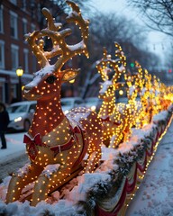 Retro holiday parade, vintage floats, marching bands, festive lights 