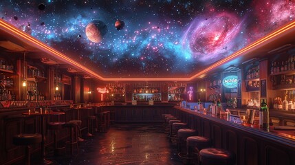Retro diner at the edge of the galaxy, neon signs, asteroid views, alien jukebox 