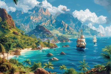 Pirate adventure, treasure maps, tropical islands, ship battles - obrazy, fototapety, plakaty