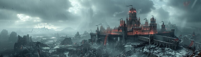 Old-school fantasy castle, banners, knights, soaring towers, dragon roosts - obrazy, fototapety, plakaty