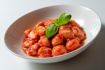 White bowl with tomato potato dumpling