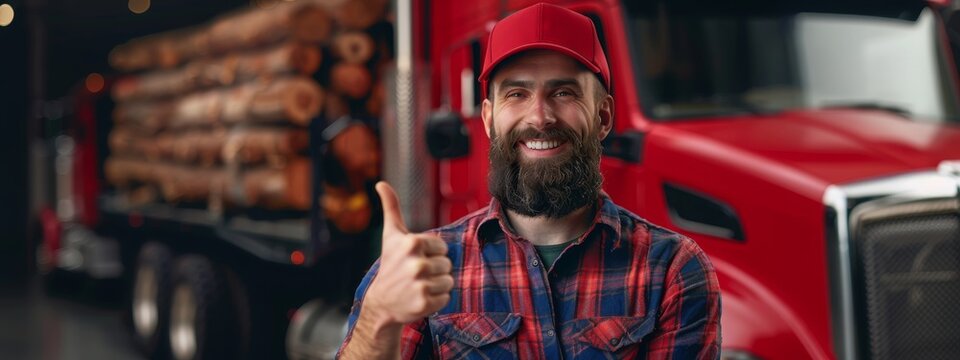 Happy Caucasian Semi Truck Driver Showing Thumb Up Trucking Theme Transport Industry. Copy space image. Place for adding text or design