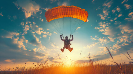 Parachutist landing gracefully on a grassy field after a successful jump. Happiness, love, health, courage, desire to live - obrazy, fototapety, plakaty