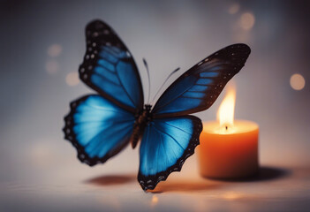 Butterfly flying into the light of a candle bright tropical morpho butterfly and candle flame 