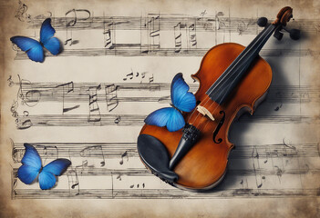 Butterfly violin and notes Blue morpho butterfly and violin Melody concept Photo of old music sheet...
