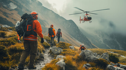 Helicopter crew members assisting passengers during a mountain rescue operation. Happiness, love, health, courage, desire to live - obrazy, fototapety, plakaty