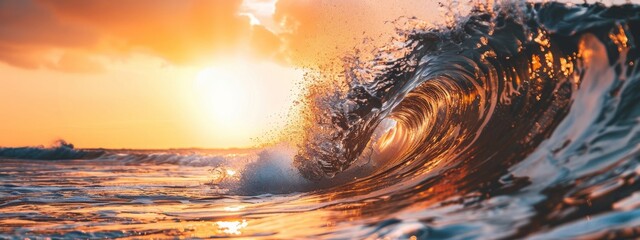 nature marine design postcard beautiful colored breaking surfing ocean wave rolling down at sunset time. Copy space image. Place for adding text or design - obrazy, fototapety, plakaty