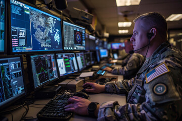 nerve center of national security operations, where skilled professionals oversee cyber defense strategies and manage army communications with efficiency and accuracy.