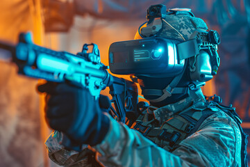soldier equipped with virtual reality glasses, immersed in a virtual training exercise to enhance situational awareness and tactical proficiency, portrayed in a striking tech style - obrazy, fototapety, plakaty