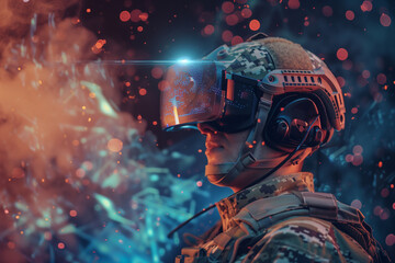 soldier donning virtual reality glasses, exploring virtual battlefields and honing combat skills with state-of-the-art simulation technology, presented in a futuristic tech style.
