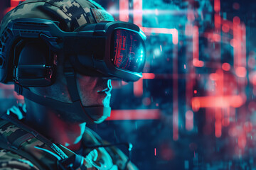 soldier equipped with virtual reality glasses, immersed in a virtual training exercise to enhance situational awareness and tactical proficiency, portrayed in a striking tech style - obrazy, fototapety, plakaty