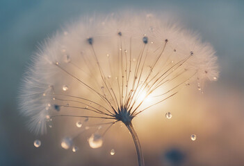 Natural blue pastel background Seeds of a dandelion flower in dew drops