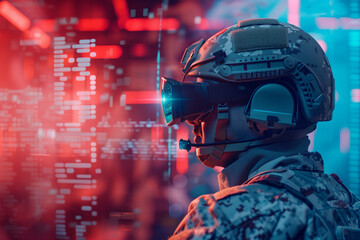 soldier in virtual reality glasses, accessing vital battlefield data and strategic information in real-time, showcasing the convergence of military operations and high technology i - obrazy, fototapety, plakaty