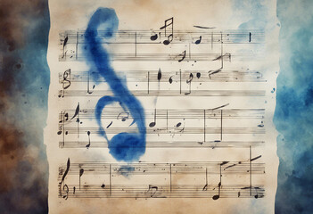Old music sheet in blue watercolor paint Blues music concept Abstract blue watercolor background...