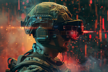 soldier equipped with virtual reality glasses, utilizing augmented reality overlays to analyze terrain and coordinate maneuvers, blending real-world operations with high technology