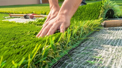 Hands carefully installing a fresh roll of artificial grass on a clear sunny day.