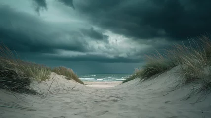 Fototapete Rund Wide shot of the sandy shore under dark stormy clouds. Landscapes photography © Furkan
