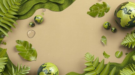 Green earth recycle concept Earth day surrounded by globes, trees, leaf and plant on a brown cardboard paper background with rivers. realistic cartoon 3d rendering - obrazy, fototapety, plakaty