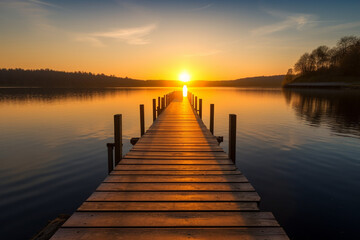 Obraz premium Sunset in the lake with jetty generative AI