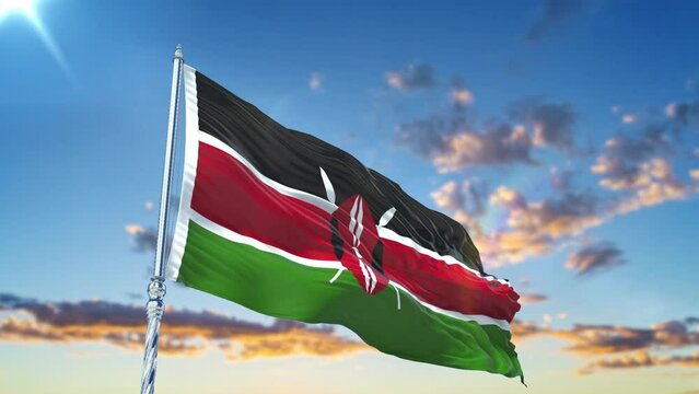  Kenya flag Waving Realistic With Sky.