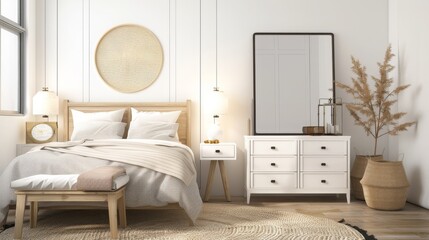 Mock up frame in cozy home interior background, coastal style bedroom with bed rattan lamp and white cabinet with gray fabric furniture on wooden floor and large window, 3d render