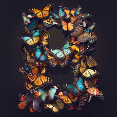 Letter B made of butterflies, isolated on black background. Vector illustration.