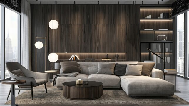 The interior design of the apartment in dark tones and minimal style. With dark wood materials and gray upholstered furniture with large windows and sheer curtains. bedroom 3d rendering