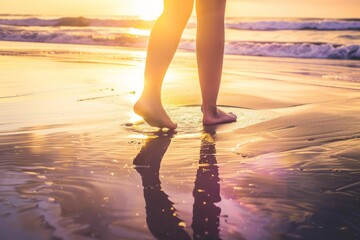 Silhouette of bare feet walking along a beach shoreline during a beautiful sunset with reflections in wet sand.