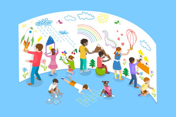 Fototapeta premium 3D Isometric Flat Vector Illustration of Happy Creative Kids, Funny Cartoon Character