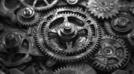 Intricate monochrome image of mechanical clock gears and cogs in close-up - obrazy, fototapety, plakaty