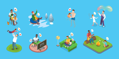 3D Isometric Flat Vector Illustration of Playing With Dad, Fatherhood, Daddy Super Hero