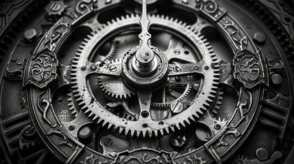 Intricate monochrome image of mechanical clock gears and cogs in close-up