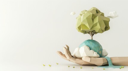 innovative Poster Or Banner Of World Environment Day with low poly tree and cloud and river on the floor with globe earth on green background 3d rendering illustration