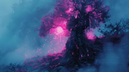 Fototapeta na wymiar Futuristic robotic tree lighting up a mystical forest in vibrant pink hues