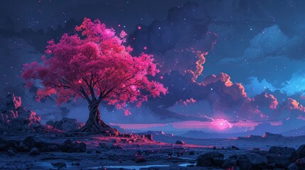 Futuristic robotic tree lighting up a mystical forest in vibrant pink hues