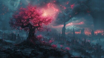 Futuristic robotic tree lighting up a mystical forest in vibrant pink hues - obrazy, fototapety, plakaty