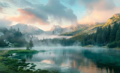 Fotobehang A beautiful mountain lake surrounded by a dense forest, foggy mountains in the background Generative AI © SKIMP Art