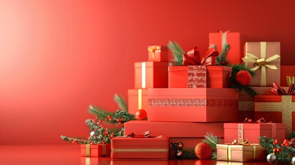Naklejka premium Red a lot of gift box on a red background. 3d Rendering
