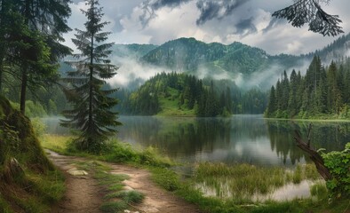 A beautiful forest lake in the Carpathian Mountains, surrounded by green trees and grass, with a dirt path leading to it Generative AI