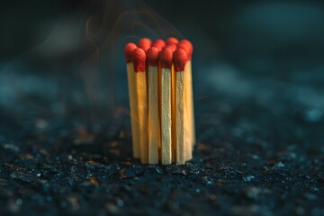 A group of matches sticks with red matches sticking out of them on a dark surface with smoke coming - Powered by Adobe