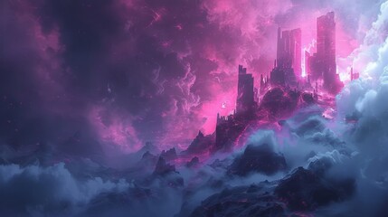 Surreal pink and purple clouds enveloping a fantasy cityscape - obrazy, fototapety, plakaty