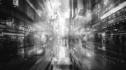 Dynamic monochrome urban streetscape with blurred motion and abstract lighting