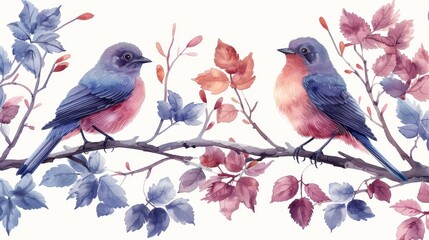Elegant watercolor painting of birds perched on leafy branches in pastel colors