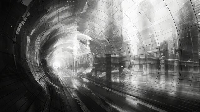 Fototapeta Dynamic monochrome urban streetscape with blurred motion and abstract lighting