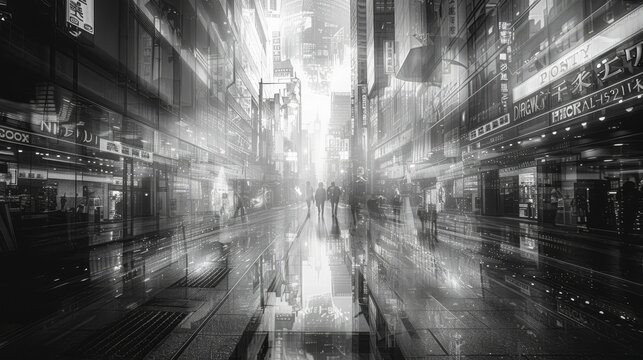 Fototapeta Dynamic monochrome urban streetscape with blurred motion and abstract lighting