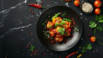 Top view Asian food with spice and herbs gourmet in black plate on dark stone marble table background