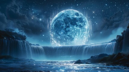 Spectacular night landscape with glowing moon crescent above a serene river and mountain waterfall